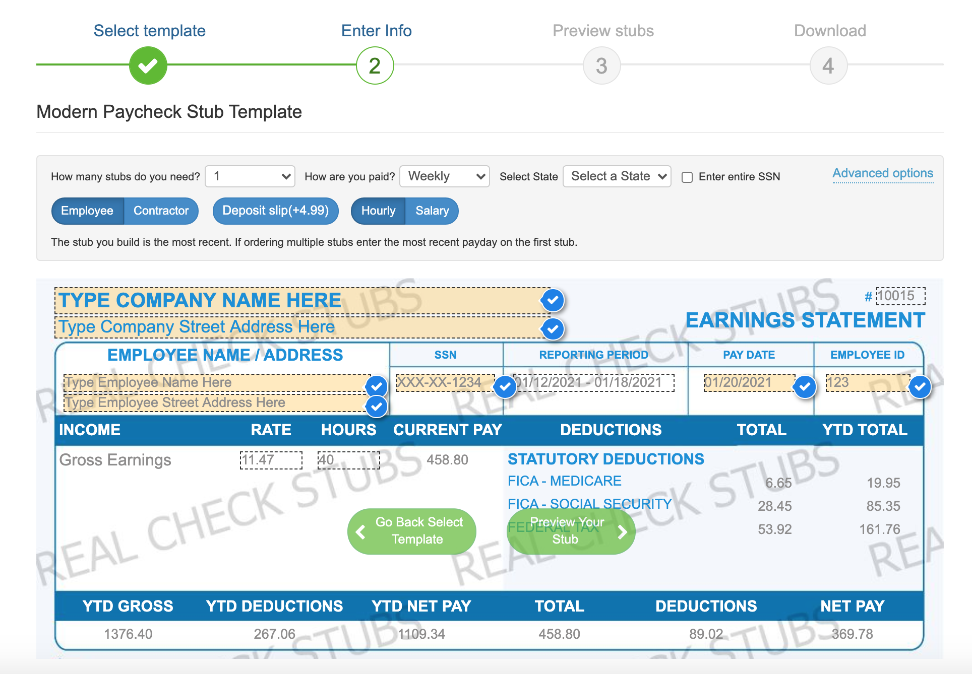 enter info to make paycheck stub online